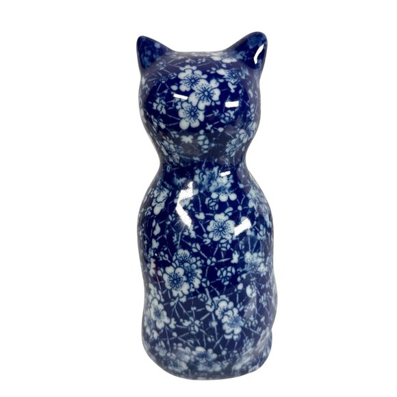 Vintage Chintz Blue And White Floral Porcelain Cat Figurine 8” - Picture 3 of 6
